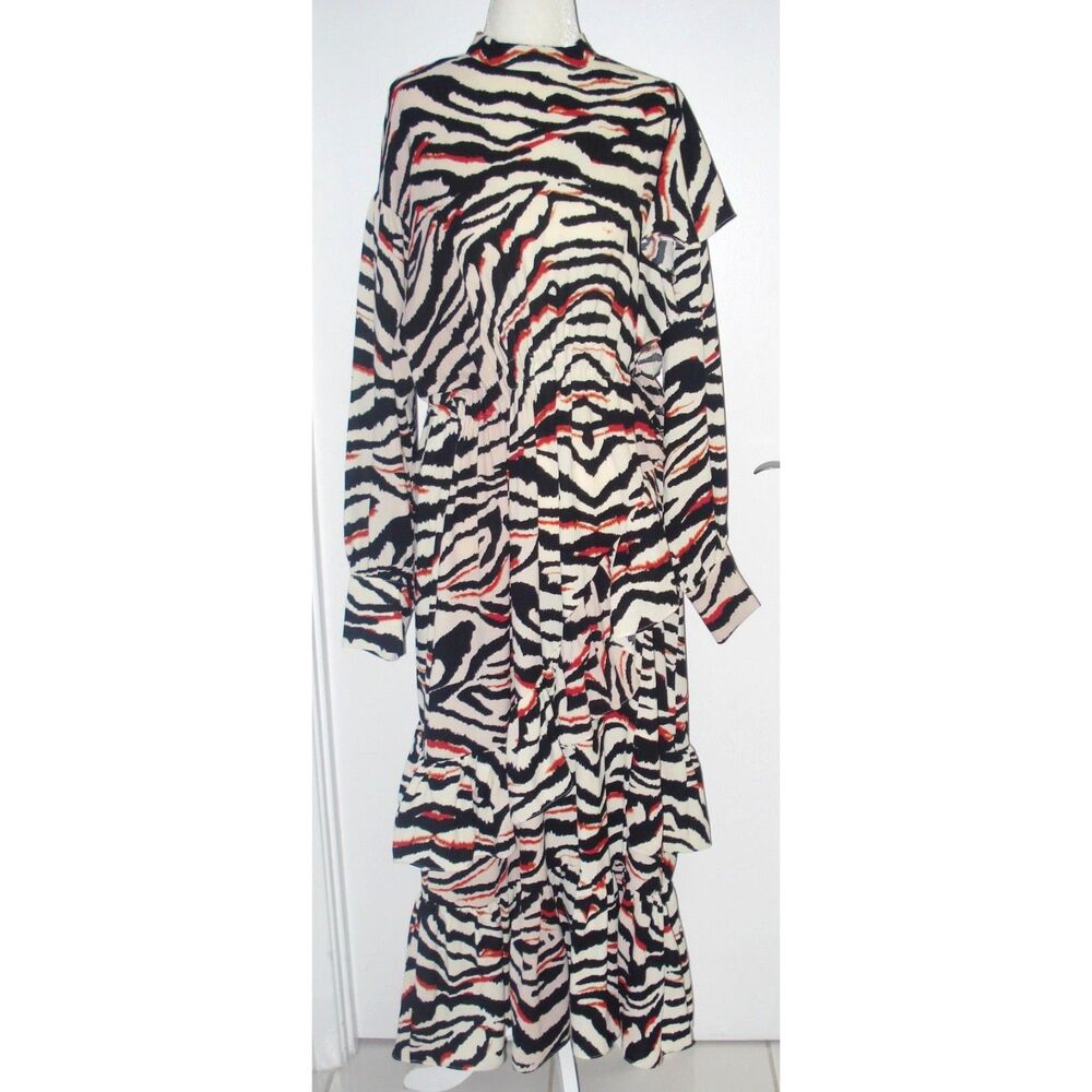 Behula Style Women’s Dress Size L Zebra Print High Neck Long Sleeve Ruffled